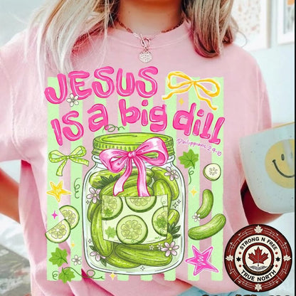 Colourful Christian humour pickle DTF transfer on pink shirt
