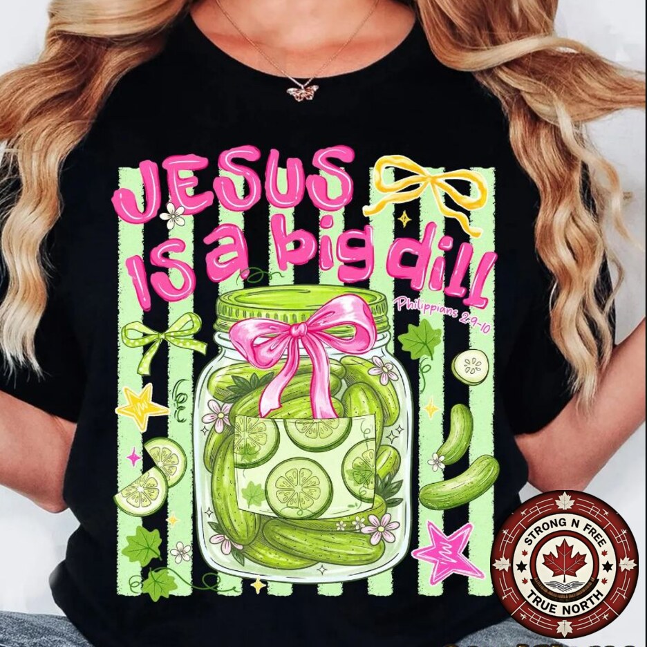 Jesus Is a Big Dill faith DTF transfer on black shirt