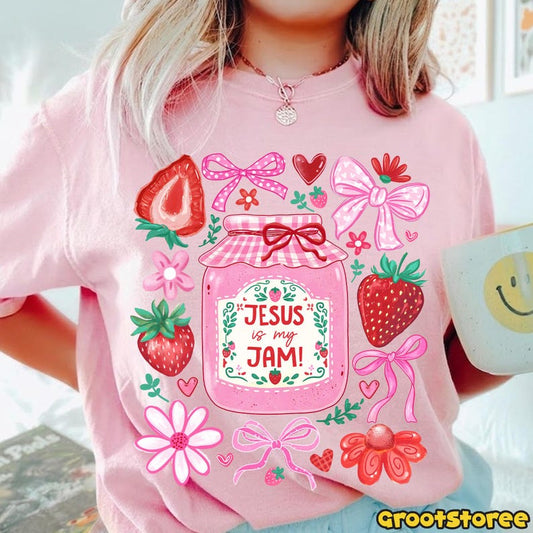 Jesus Is My Jam ready-to-press design shown on a pink shirt