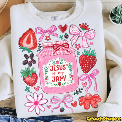 Jesus Is My Jam Christian DTF artwork shown on a sweatshirt