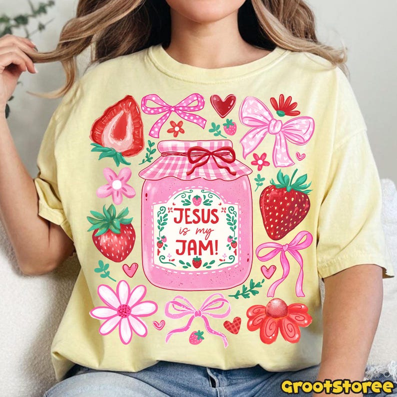 Jesus Is My Jam faith transfer shown on a yellow shirt