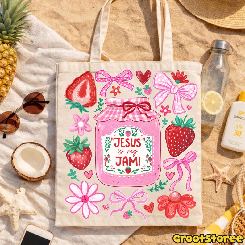 Jesus Is My Jam Christian transfer displayed on a tote bag