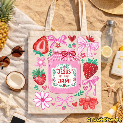 Jesus Is My Jam Christian transfer displayed on a tote bag