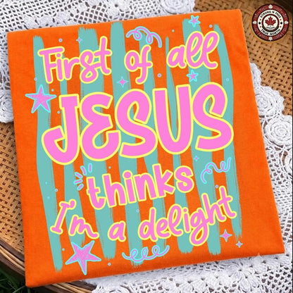 Colourful Jesus Thinks I am a Delight DTF tote bag design