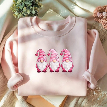 Embroidered Valentine’s Day Gnome Trio Sweatshirt – Pink Hearts Design