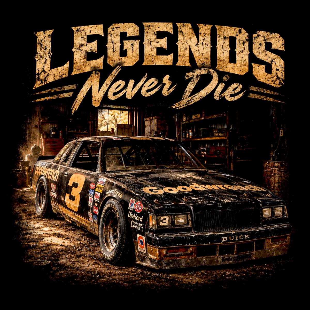 Legends Never Die number 3 vintage race car halftone DTF transfer artwork on a black background