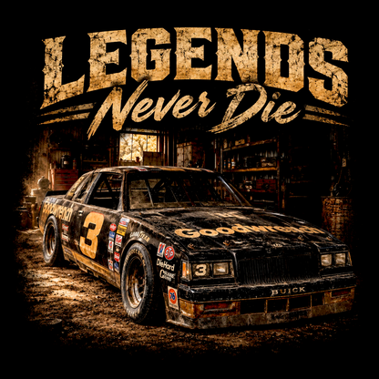 Legends Never Die number 3 vintage race car halftone DTF transfer artwork on a black background