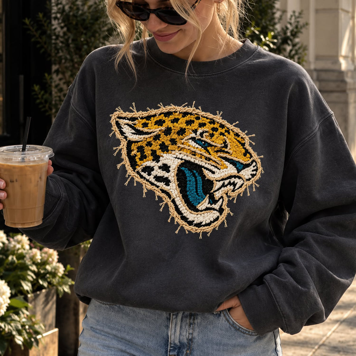 Design 1 – Jaguars leopard faux chenille look DTF transfer; garment shown for display only