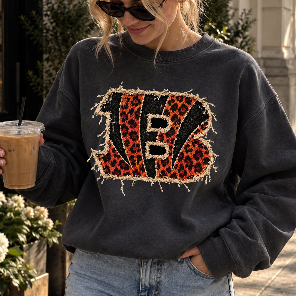 Design 2 – Bengals leopard faux chenille look DTF transfer; garment shown for display only