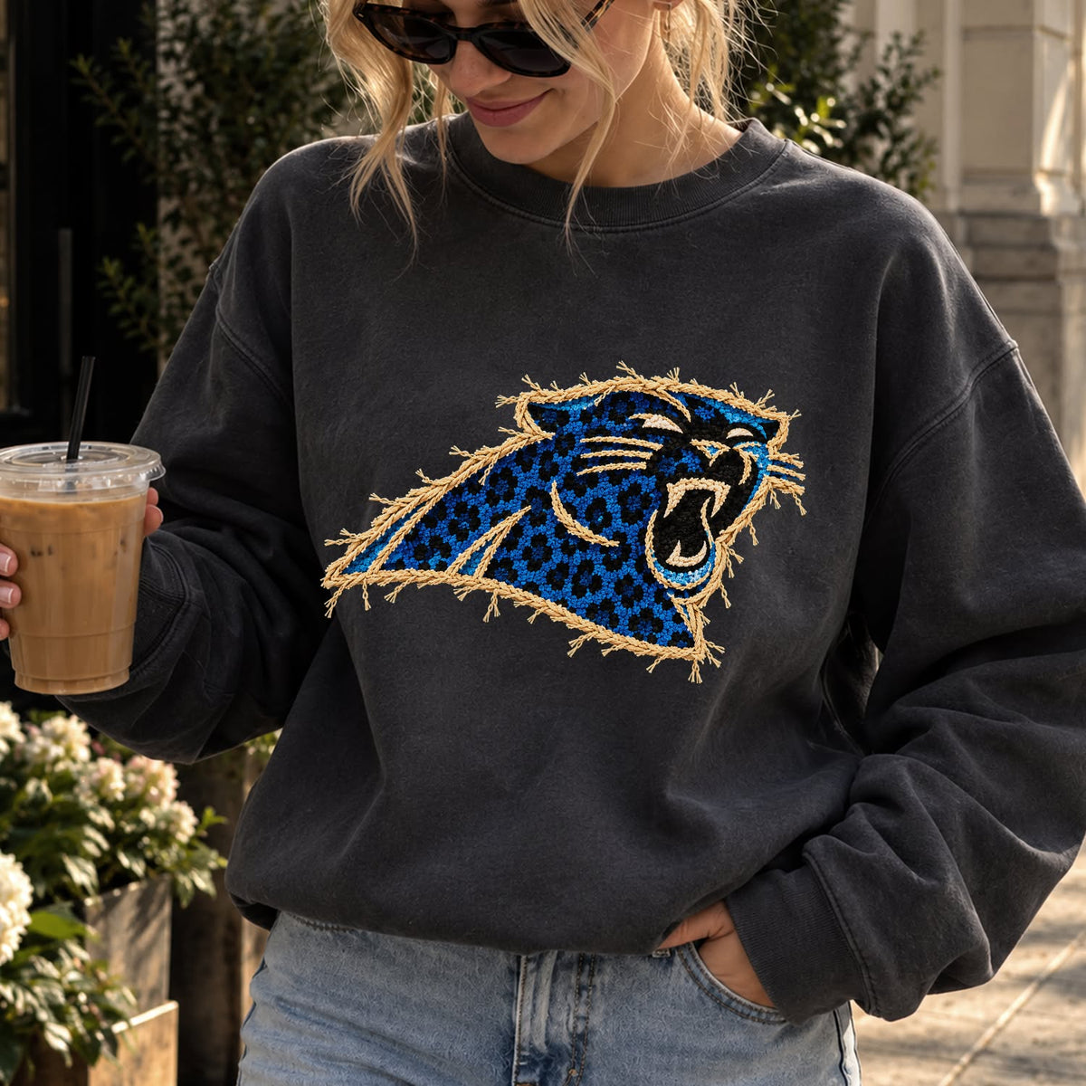 Design 3 – Panthers leopard faux chenille look DTF transfer; garment shown for display only