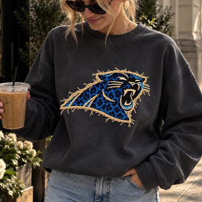 Design 3 – Panthers leopard faux chenille look DTF transfer; garment shown for display only