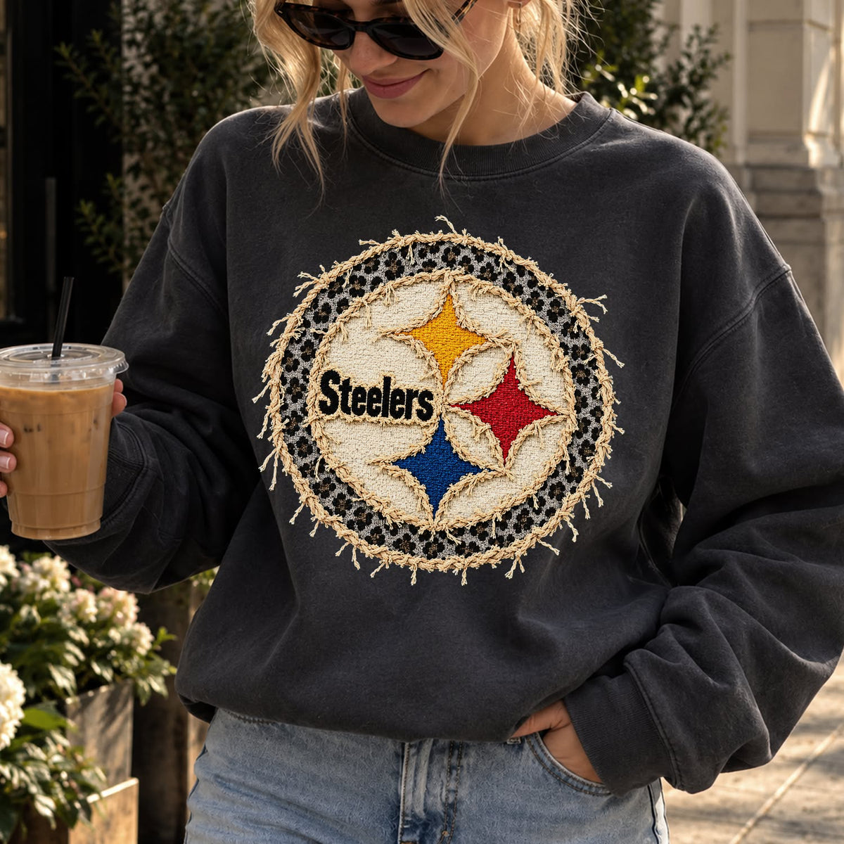 Design 4 – Steelers leopard faux chenille look DTF transfer; garment shown for display only