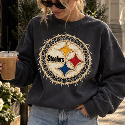 Design 4 – Steelers leopard faux chenille look DTF transfer; garment shown for display only