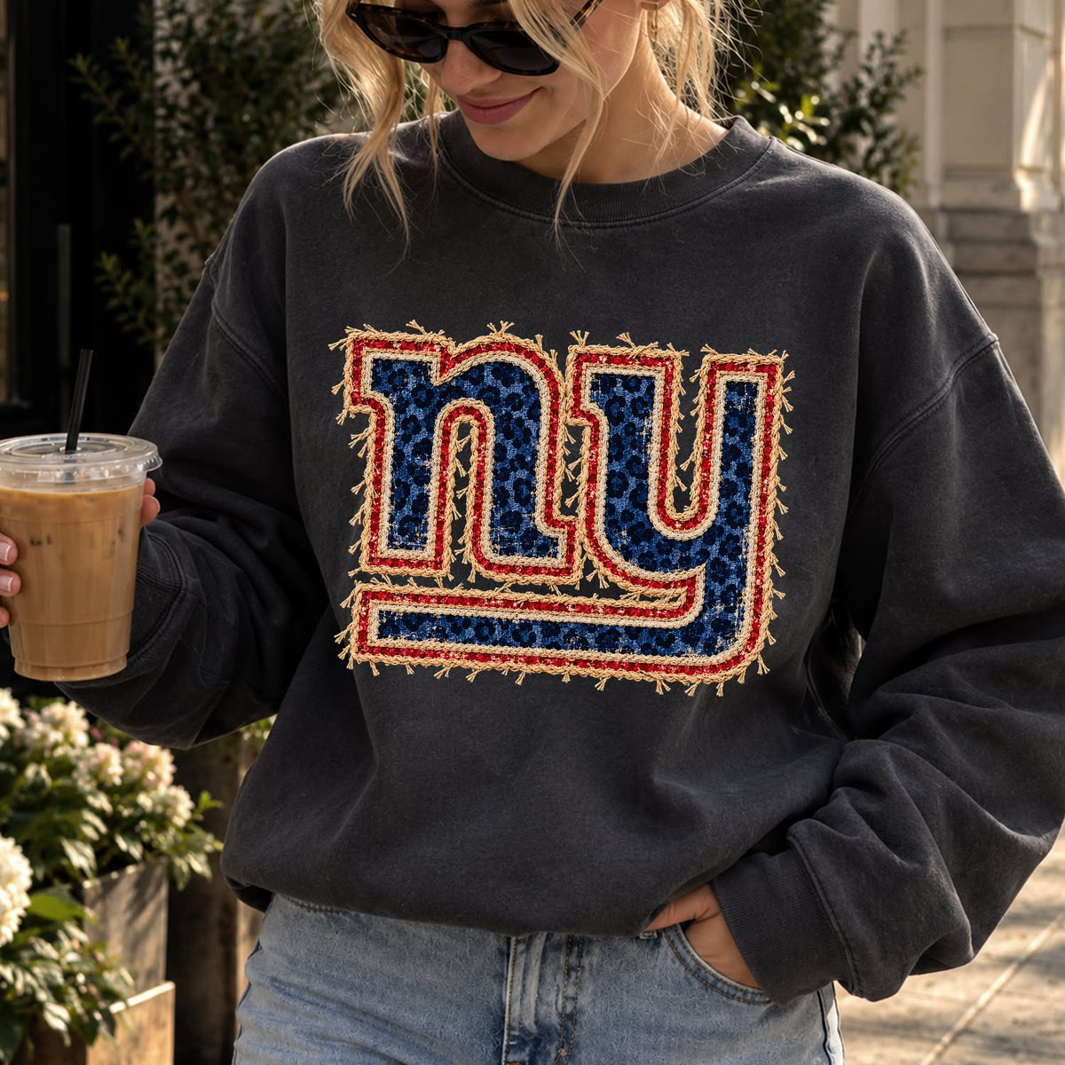 Design 5 – Giants leopard faux chenille look DTF transfer; garment shown for display only