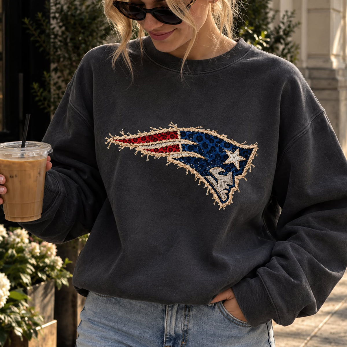 Design 6 – Patriots leopard faux chenille look DTF transfer; garment shown for display only