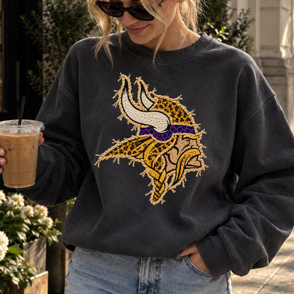 Design 7 – Vikings leopard faux chenille look DTF transfer; garment shown for display only