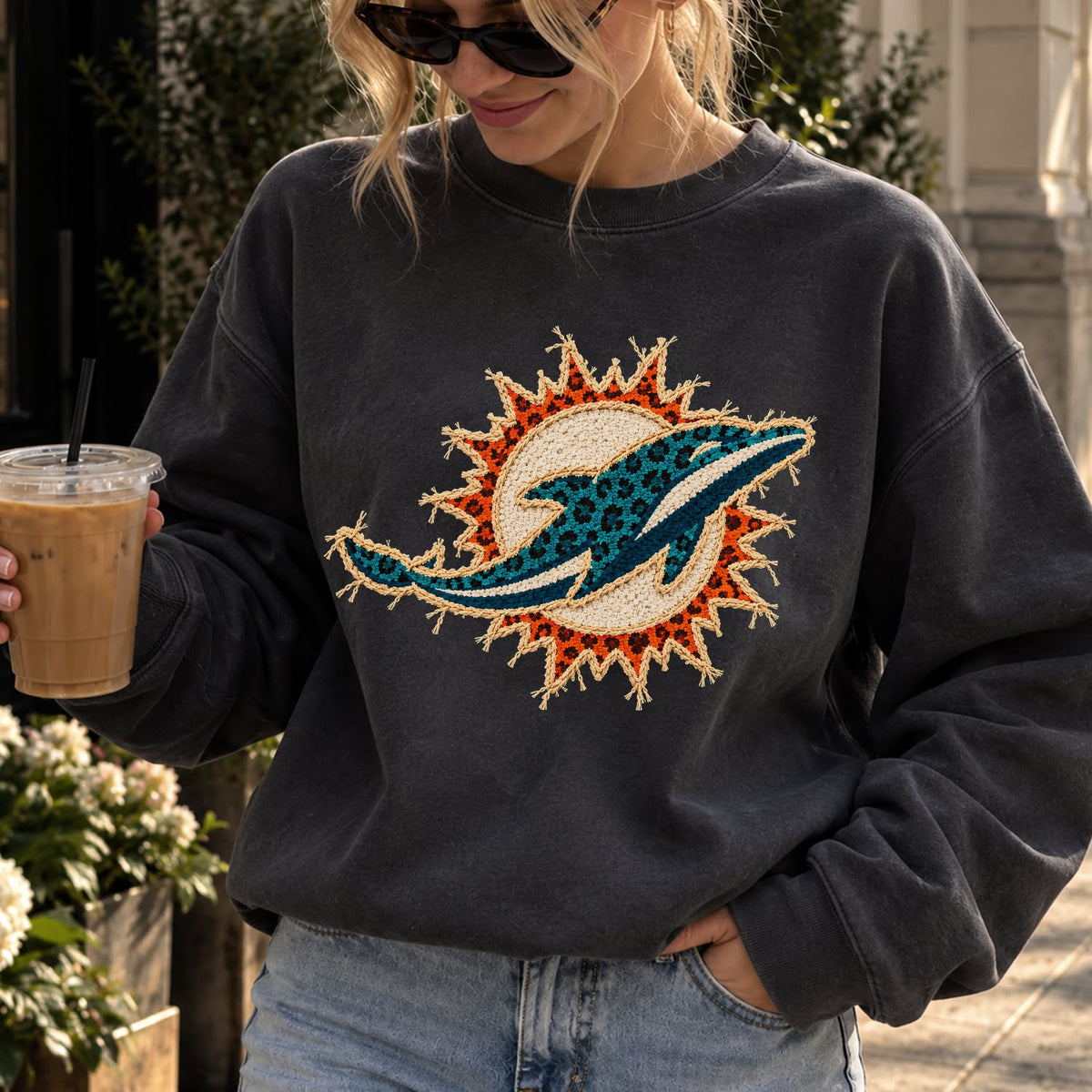 Design 8 – Dolphins leopard faux chenille look DTF transfer; garment shown for display only