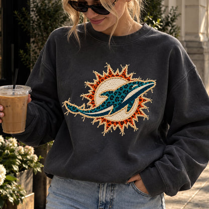Design 8 – Dolphins leopard faux chenille look DTF transfer; garment shown for display only