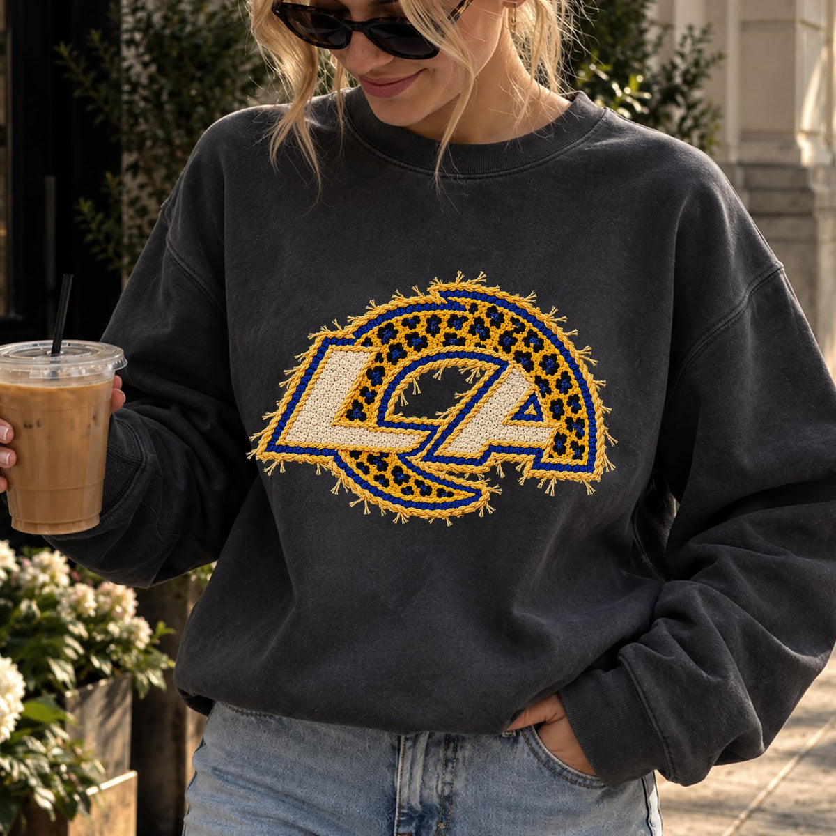 Design 9 – Rams leopard faux chenille look DTF transfer; garment shown for display only