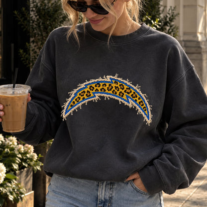 Design 10 – Chargers leopard faux chenille look DTF transfer; garment shown for display only