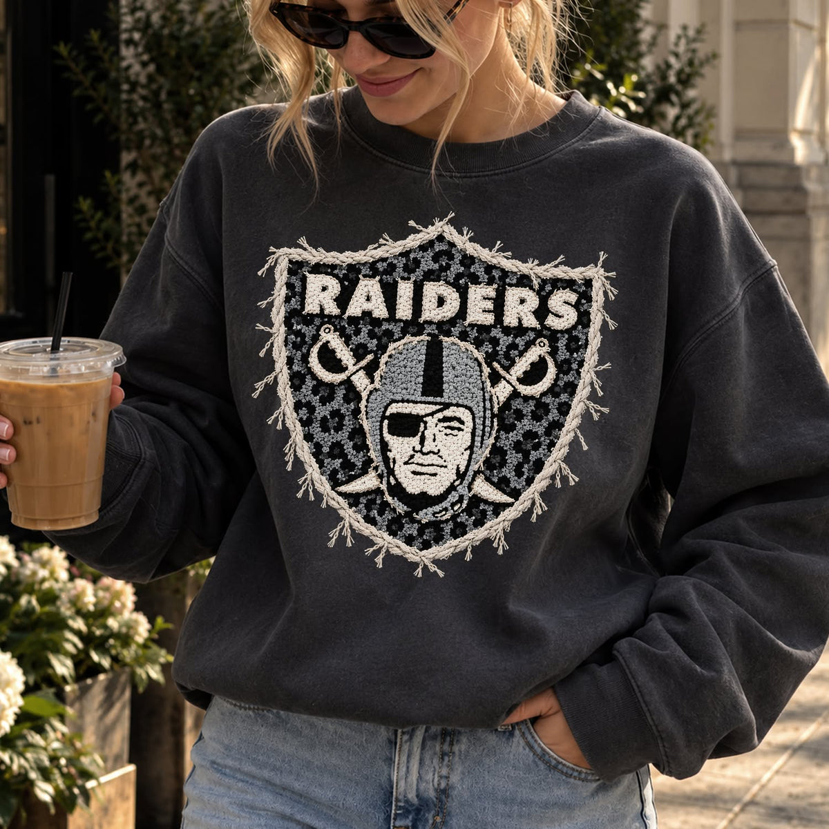Design 11 – Raiders leopard faux chenille look DTF transfer; garment shown for display only
