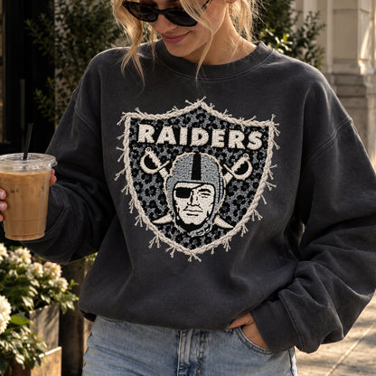 Design 11 – Raiders leopard faux chenille look DTF transfer; garment shown for display only