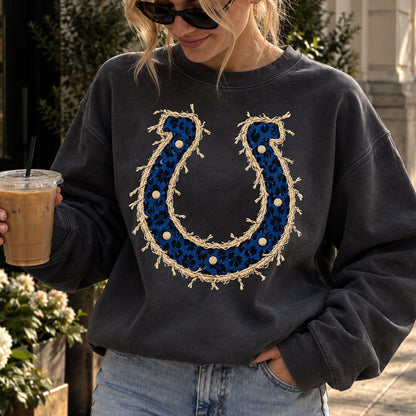 Design 12 – Colts leopard faux chenille look DTF transfer; garment shown for display only