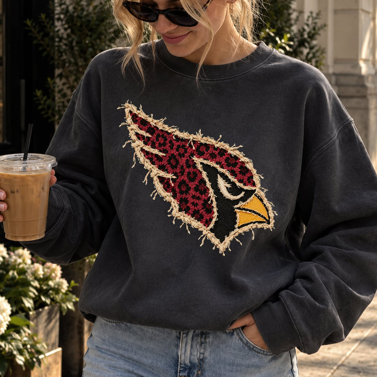 Design 13 – Cardinals leopard faux chenille look DTF transfer; garment shown for display only