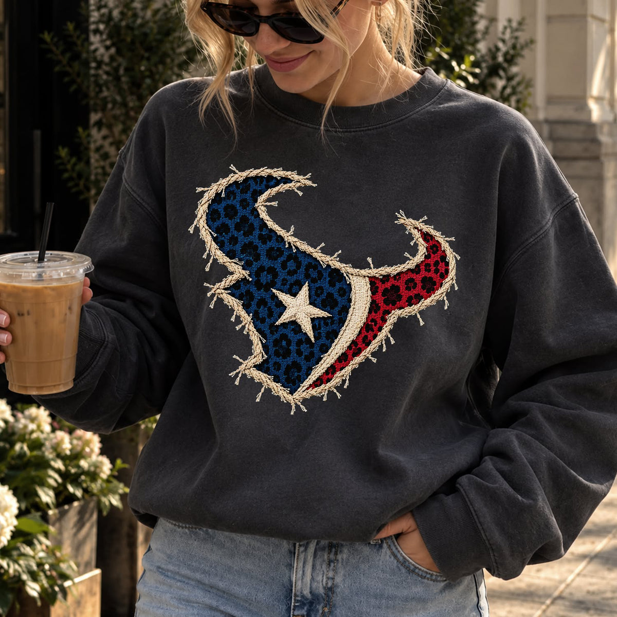 Design 14 – Texans leopard faux chenille look DTF transfer; garment shown for display only