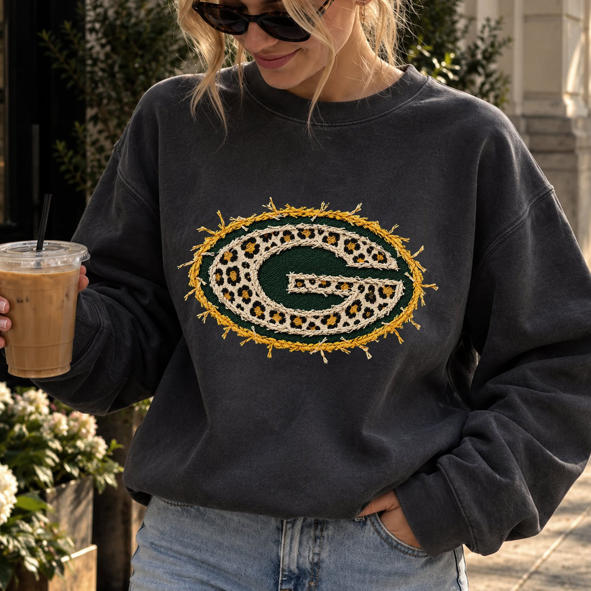 Design 15 – Packers leopard faux chenille look DTF transfer; garment shown for display only