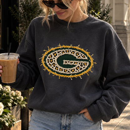 Design 15 – Packers leopard faux chenille look DTF transfer; garment shown for display only