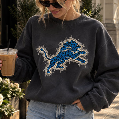Design 16 – Lions leopard faux chenille look DTF transfer; garment shown for display only