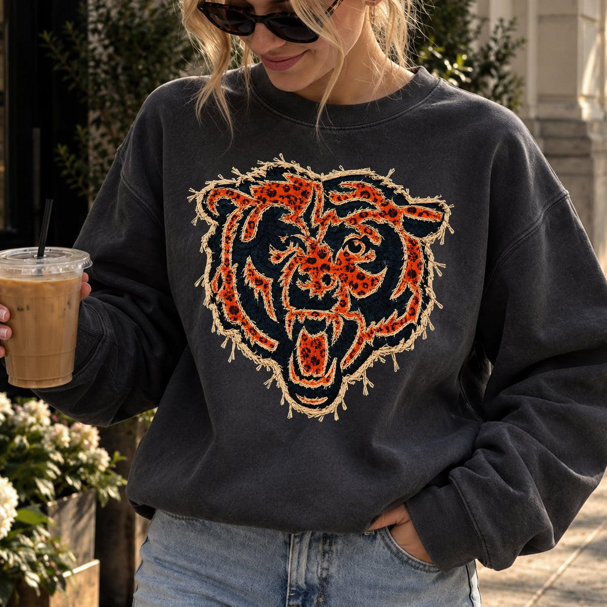 Design 17 – Bears leopard faux chenille look DTF transfer; garment shown for display only