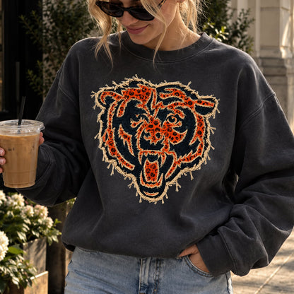 Design 17 – Bears leopard faux chenille look DTF transfer; garment shown for display only