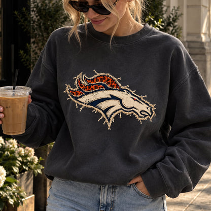 Design 18 – Broncos leopard faux chenille look DTF transfer; garment shown for display only