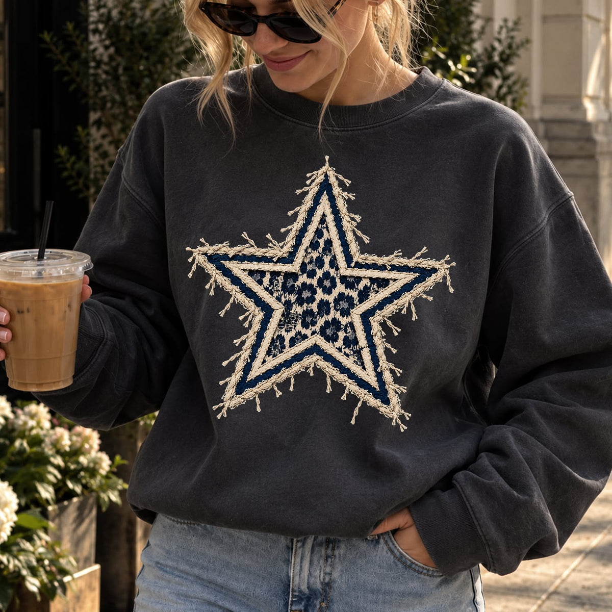 Design 19 – Cowboys leopard faux chenille look DTF transfer; garment shown for display only