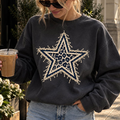 Design 19 – Cowboys leopard faux chenille look DTF transfer; garment shown for display only