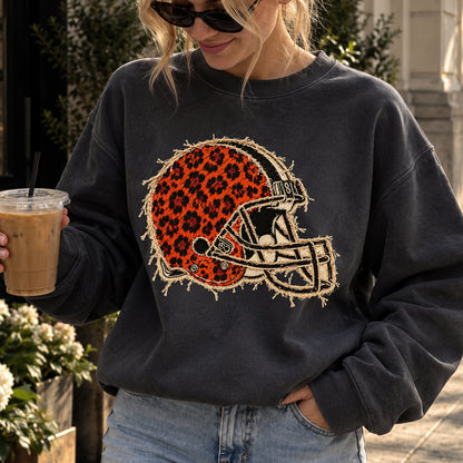 Design 20 – Browns leopard faux chenille look DTF transfer; garment shown for display only