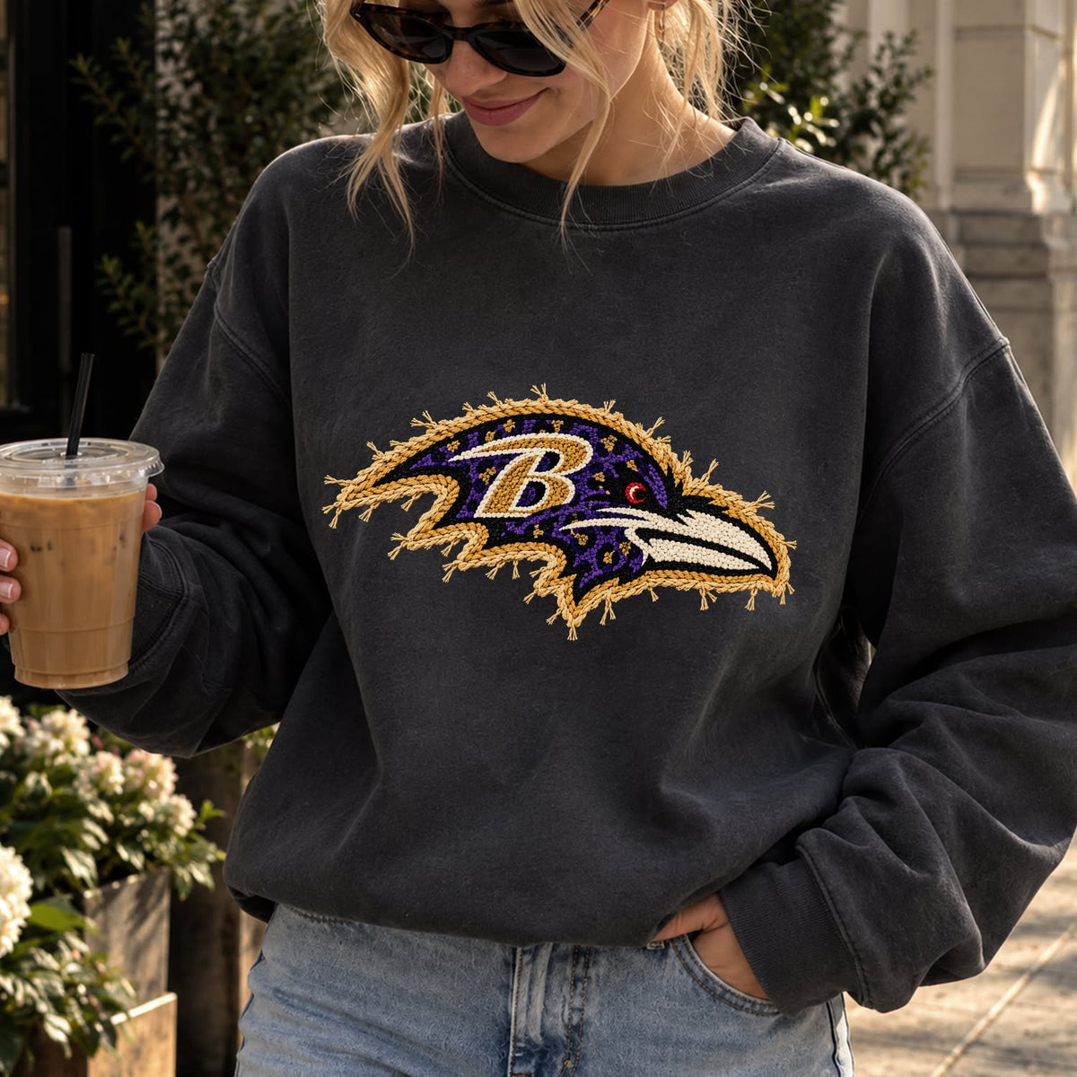Design 21 – Ravens leopard faux chenille look DTF transfer; garment shown for display only