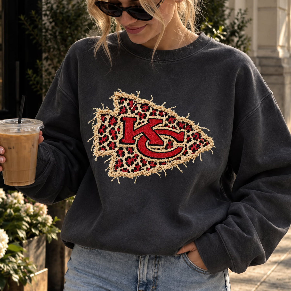 Design 22 – Chiefs leopard faux chenille look DTF transfer; garment shown for display only