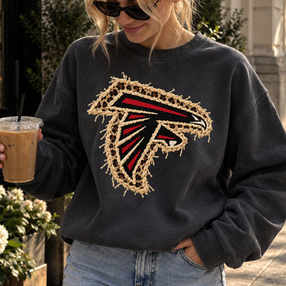 Design 23 – Falcons leopard faux chenille look DTF transfer; garment shown for display only