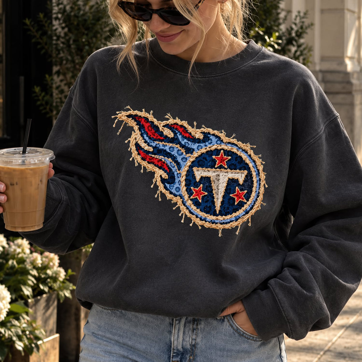 Design 24 – Titans leopard faux chenille look DTF transfer; garment shown for display only