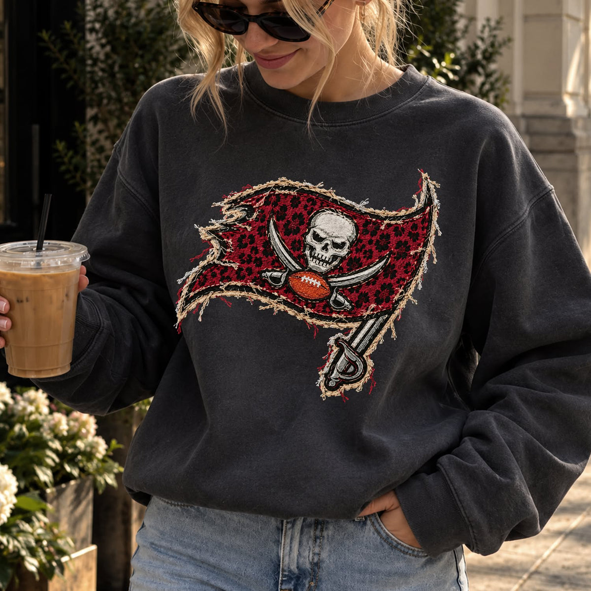 Design 27 – Buccaneers leopard faux chenille look DTF transfer; garment shown for display only