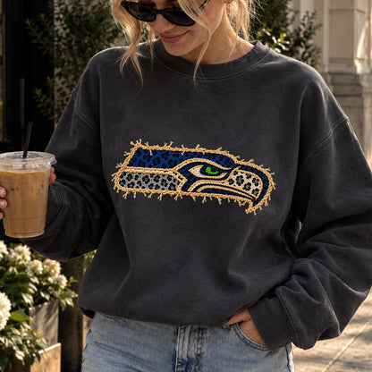 Design 28 – Seahawks leopard faux chenille look DTF transfer; garment shown for display only