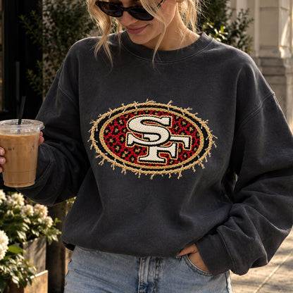 Design 29 – 49ers leopard faux chenille look DTF transfer; garment shown for display only