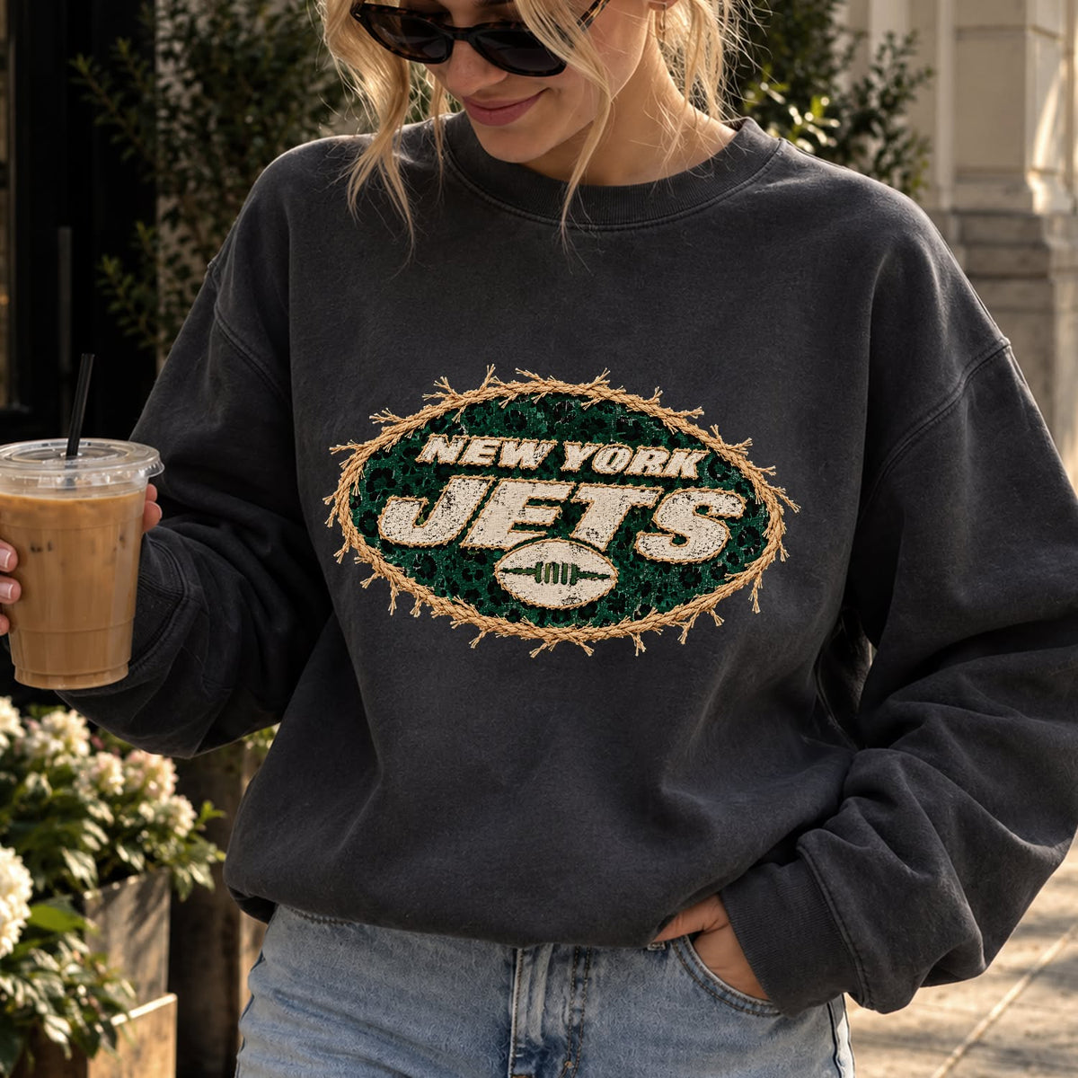 Design 30 – Jets leopard faux chenille look DTF transfer; garment shown for display only
