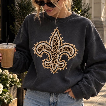 Design 31 – Saints leopard faux chenille look DTF transfer; garment shown for display only