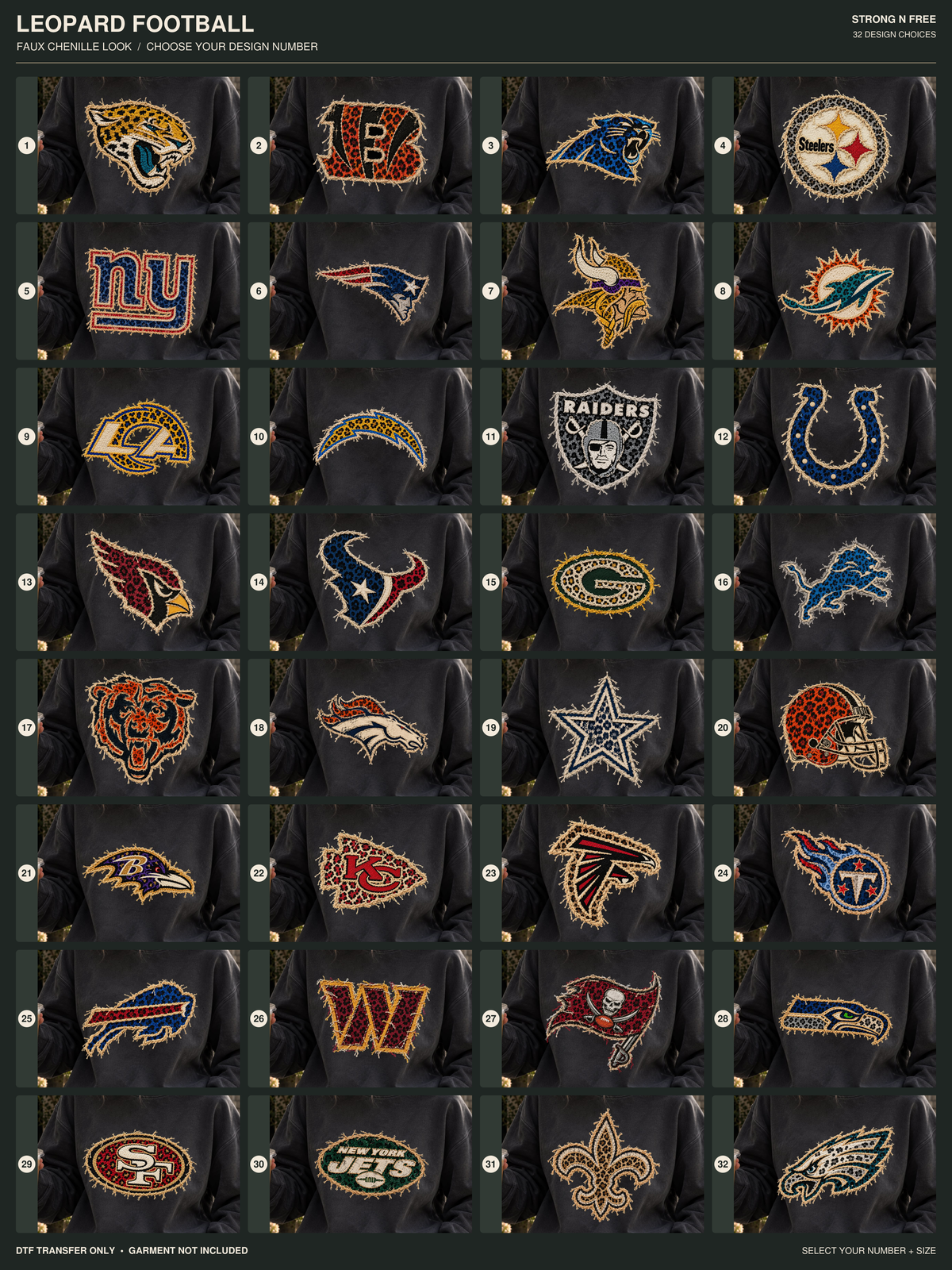 Leopard football DTF transfer numbered design chart, choices 1 through 32; garment not included