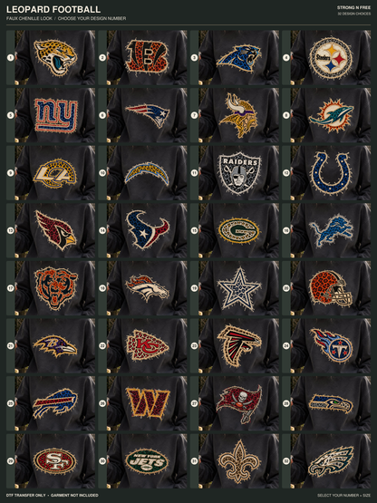 Leopard football DTF transfer numbered design chart, choices 1 through 32; garment not included