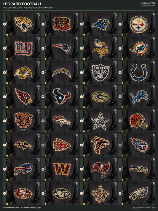 Leopard football DTF transfer numbered design chart, choices 1 through 32; garment not included